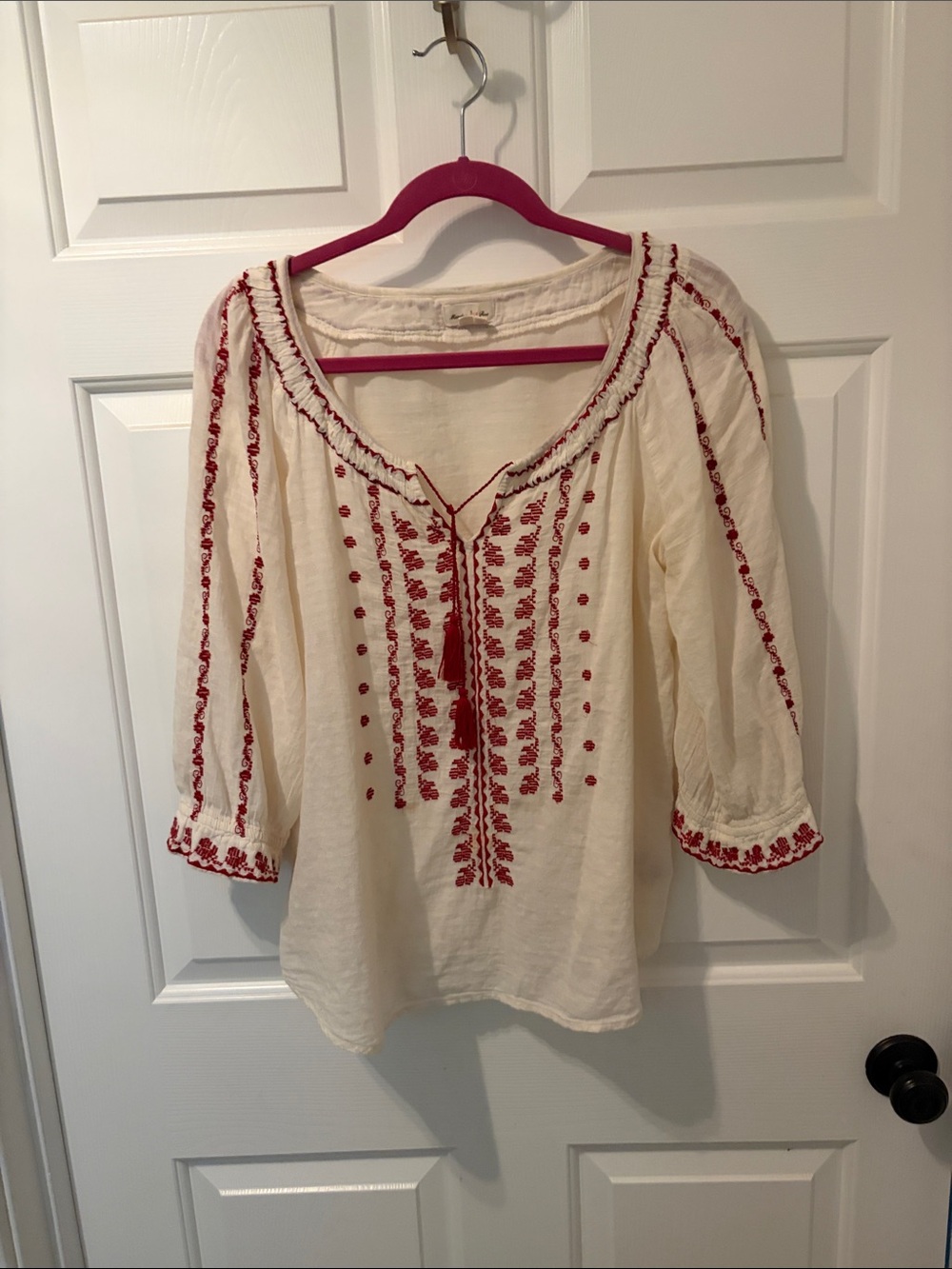 Meadow Rue Cream Peasant Blouse with Red Embroidery